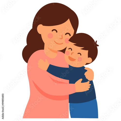 Cute Mom and Son Hugging Happily Mothers Day Cartoon Vector