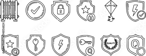 Shield icon set in vintage style. Protect shield security line icons. Badge quality symbol, sign, logo or emblem. Vector illustration
