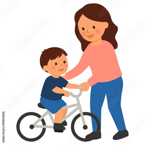 Cute Mom Teaching Son to Ride Bicycle Mothers Day Cartoon Vector