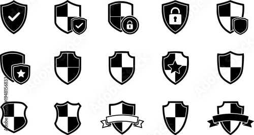 Shield icon set in vintage style. Protect shield security line icons. Badge quality symbol, sign, logo or emblem. Vector illustration
