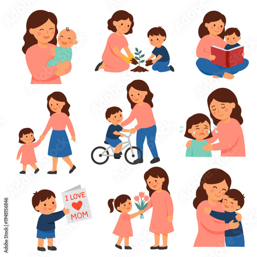 Cute Mother and Child Moments for Mothers Day Cartoon Vector Set