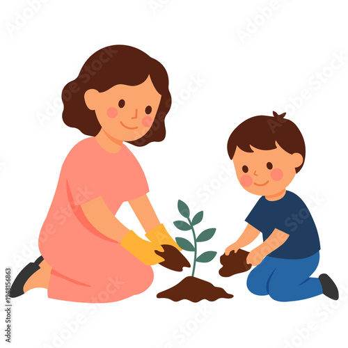 Cute Mothers Day Mom and Son Planting a Small Tree Cartoon Vector