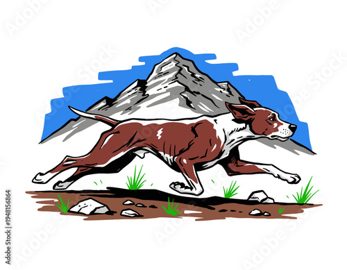 Say yes to adventure. Abstract art. Hill trekking. Mountain adventure vintage print design for t shirt. Wild dog illustration. Explore more.