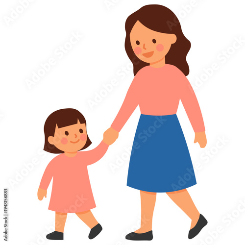 Cute Mothers Day Mom Holding Daughter Hand Cartoon Vector Illustration