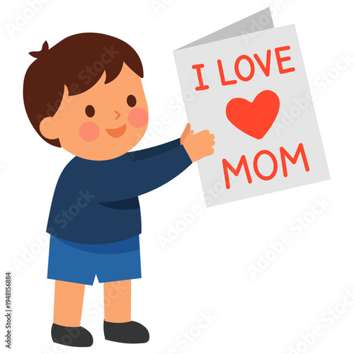 Cute Son Giving Mothers Day Card to Mom Cartoon Vector Illustration