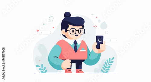 Cartoon person in glasses holding a smartphone with a symbol