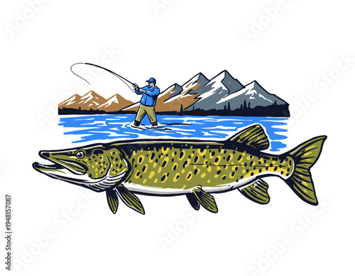 Fisherman and Pike Fish Adventure Graphic. Vintage outdoors emblem for t-shirt print, poster, sticker, and wilderness exploration gear design.