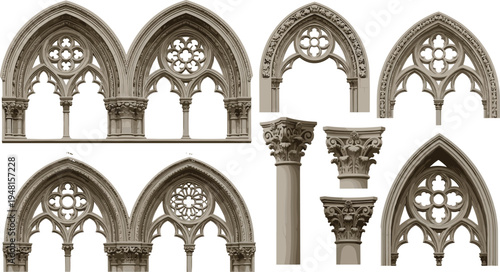 Black-and-white vector illustration of Gothic pointed arch windows and ornate column capitals, symbolizing medieval architecture, tracery, and decorative design themes