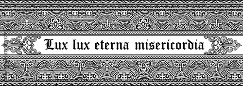 Black-and-white vector illustration of ornate Gothic decorative border with Latin text, symbolizing medieval manuscript, architecture, religion, and ornamental design themes