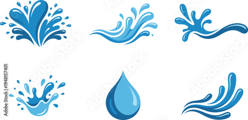 Blue water splash wave and droplet icon set representing liquid motion aqua elements for freshness nature beverage and cleaning design