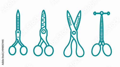 Collection of four different scissor outlines in teal against a white background, representing various tools