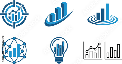 Business analytics and data visualization icon set with growth charts graphs target statistics dashboard elements for finance marketing strategy presentation