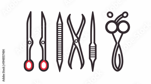 A set of stylized medical tools depicted with clean lines and contrasting colors on a white background
