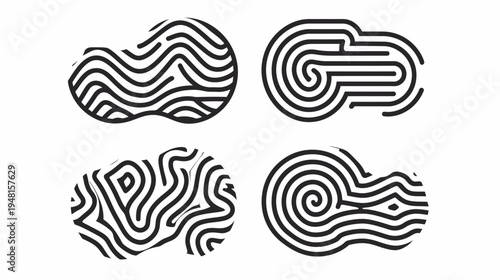 Four abstract shapes composed of bold, black lines on a white background, creating visual interest