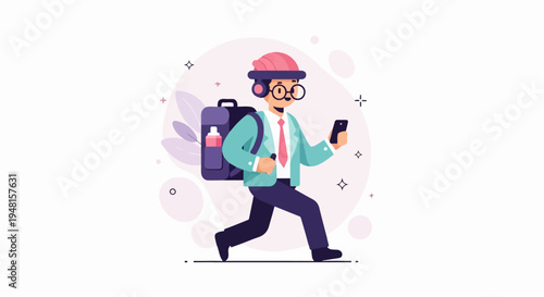 Cartoon man in hat and glasses walks with backpack, holding phone