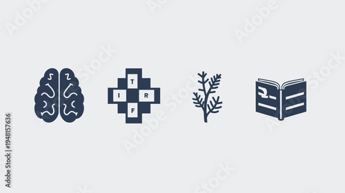 Stylized icons of a brain, crossword, plant, and book against a neutral background