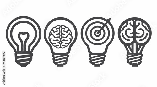 Four stylized lightbulbs, each containing a different concept light, brain, target, and brain