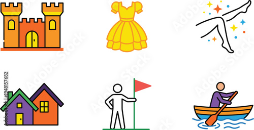 Fairytale adventure icon set featuring castle princess dress magic wand houses flag traveler and rowing boat colorful storybook symbols