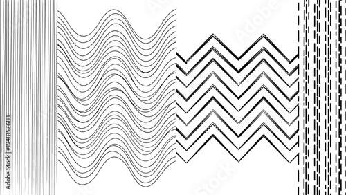 Abstract Black and White Line Patterns: Stripes, Waves, Zigzag, Dashes