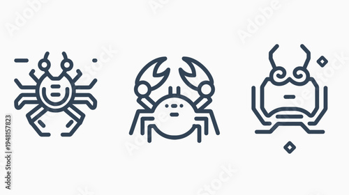 Three minimalist line art illustrations of crabs with different stylized appearances