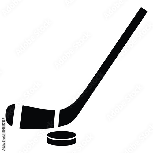 A minimalist black silhouette icon representing a professional ice hockey stick and game puck