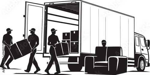 A clean, black and white vector silhouette illustration depicting a professional moving company team in action vector illustration.