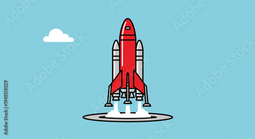 A cartoon rocket ship launching upwards.