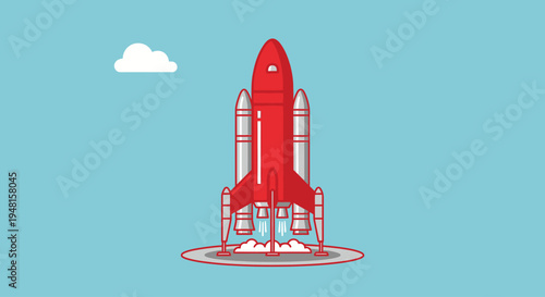 Red rocket ship launching into sky.