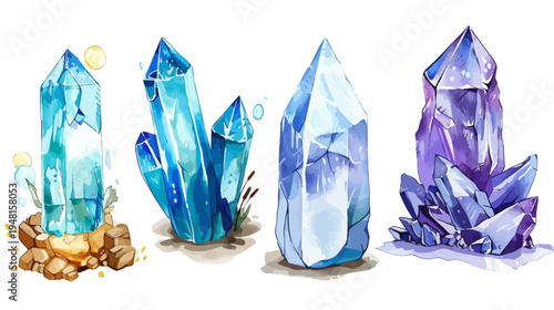 A vibrant watercolor illustration featuring four crystal formations in various shapes and hues of blue and purple