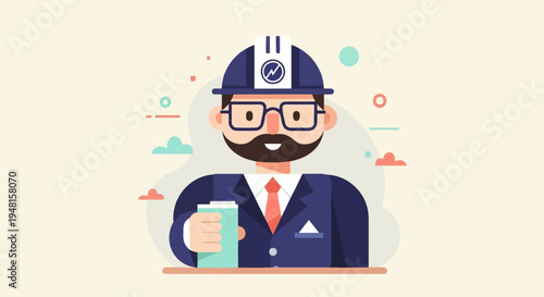 Cartoon man in hard hat and suit holding a coffee cup