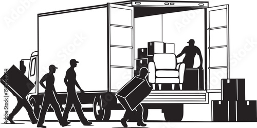 A clean, black and white vector silhouette illustration depicting a professional moving company team in action vector illustration.