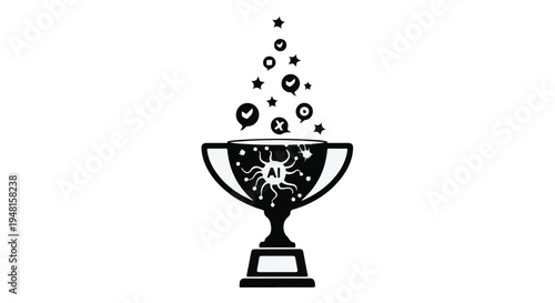 Black trophy cup with sparkling stars and icons