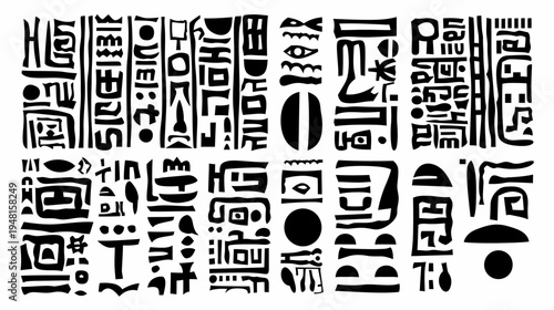Bold, graphic arrangement of stylized black shapes resembling hieroglyphs or abstract symbols