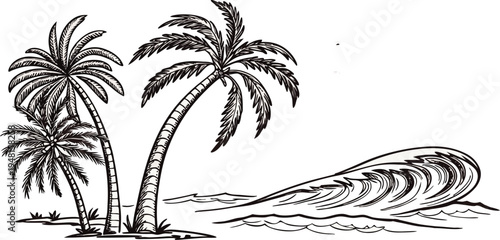 A collection of vintage hand-drawn sketches of palm trees in various hurricane weather conditions vector illustration.