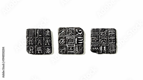 Three dark grey ancient tablets isolated on white; each with different stylized carved symbols