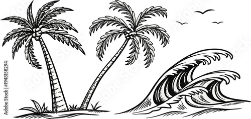 A collection of vintage hand-drawn sketches of palm trees in various hurricane weather conditions vector illustration.