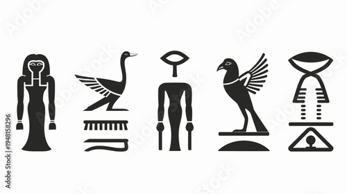 Stylized black silhouettes of ancient Egyptian hieroglyphs on a plain white background