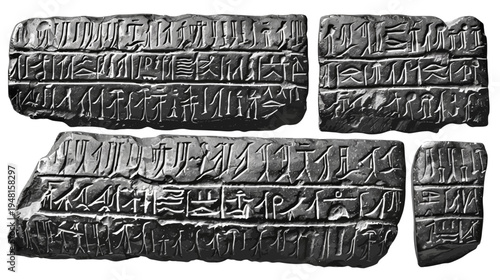 Stylized grayscale illustration of fragmented ancient stone tablets with engraved text