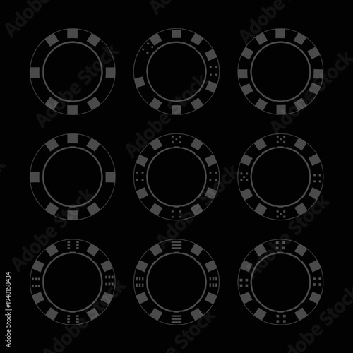 Black and Gray Casino Chips Set, Gambling Game Tokens, Vector Icons