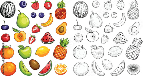 A comprehensive vector illustration and icon set on a white background, divided into two distinct halves. 