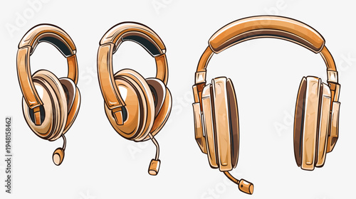 Three illustrated headphones with microphone in a warm color palette. Detailed line art on white background
