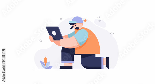 Cartoon man kneels looking at tablet with plants and shapes