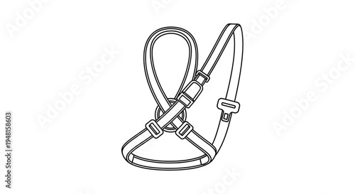Line art drawing of a pet harness with adjustable straps and buckles, designed for comfortable and secure wear.