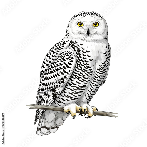 A detailed illustration of a snowy owl perched on a branch