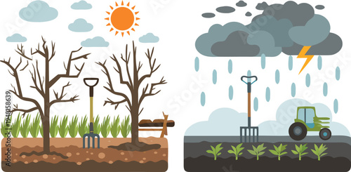 A flat vector illustration showing a cross-section of a field divided into two contrasting weather scenarios vector illustration.