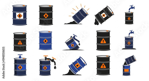 Collection of Oil Drums with Hazard Symbols and Spills.
