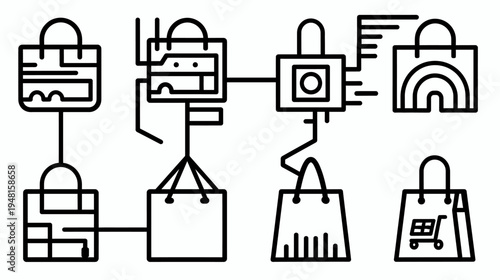 Stylized, minimalist illustrations of shopping bags arranged in a cohesive linear sequence