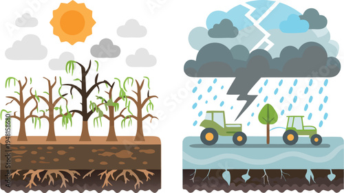 A flat vector illustration showing a cross-section of a field divided into two contrasting weather scenarios vector illustration.