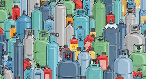 A Multitude of Colorful Gas Cylinders in a Dense Arrangement.