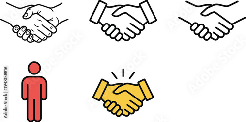 Handshake agreement partnership icon collection showing business deal cooperation trust collaboration greeting symbols including outline and colored handshake illustrations